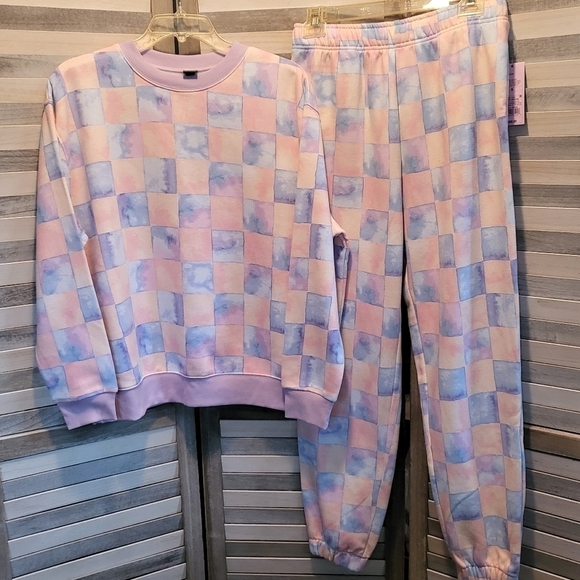 Blue checkered print fleece oversized sweatshirt & sweatpants | Wild Fab… - Picture 1 of 16